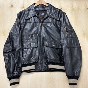 Vintage Casablanca Moto Jacket Men 44 Black Leather Bomber Biker Full Zip Ribbed
